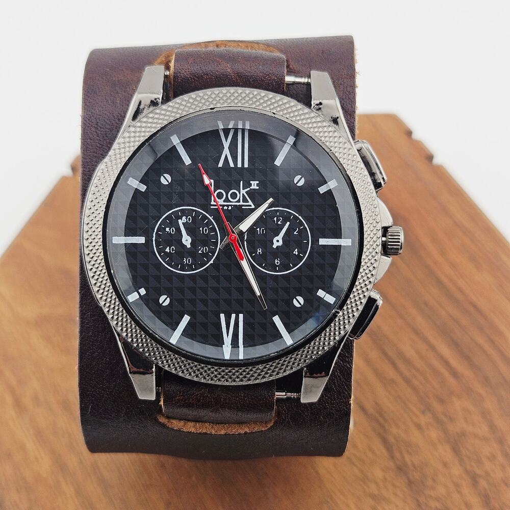 Look Men's Wide Leather Ban Watch Black Brown Bold Multidial Statement GH410